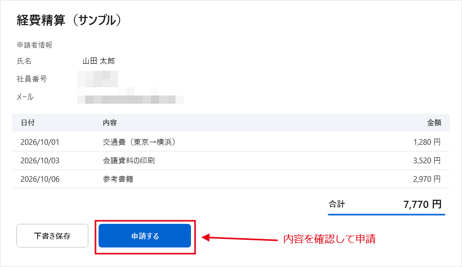 申請ボタンを赤い枠で囲み、矢印と「内容を確認して申請」という文字を添えた画像