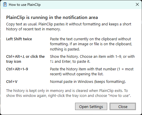 The How to use window of Plain Clip: Left Shift twice pastes as plain text, the tray icon shows the history, and Ctrl+Alt+1-9 pastes a history item by number