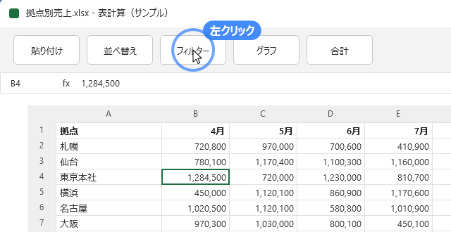 フィルターのボタンをクリックした位置に青い円の波紋と、左クリックの札が表示されている