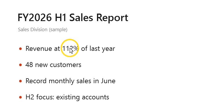 A yellow ring around the cursor over the text 112% on a slide