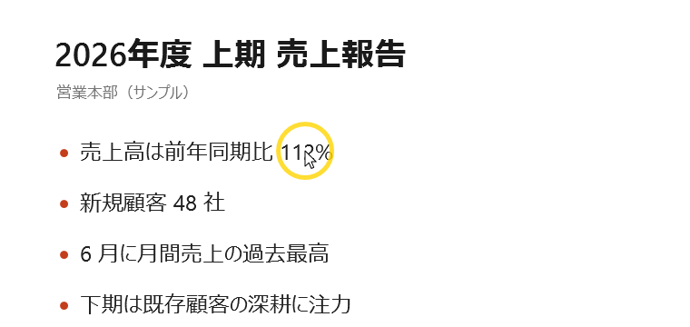 スライドの112%の文字の上で、カーソルの周りに黄色のリングが表示されている