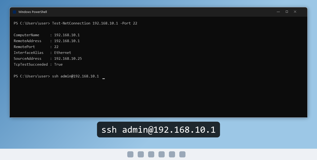 PowerShellの画面でssh admin@192.168.10.1と入力しているところ。画面の下に同じ文字が大きく表示されている